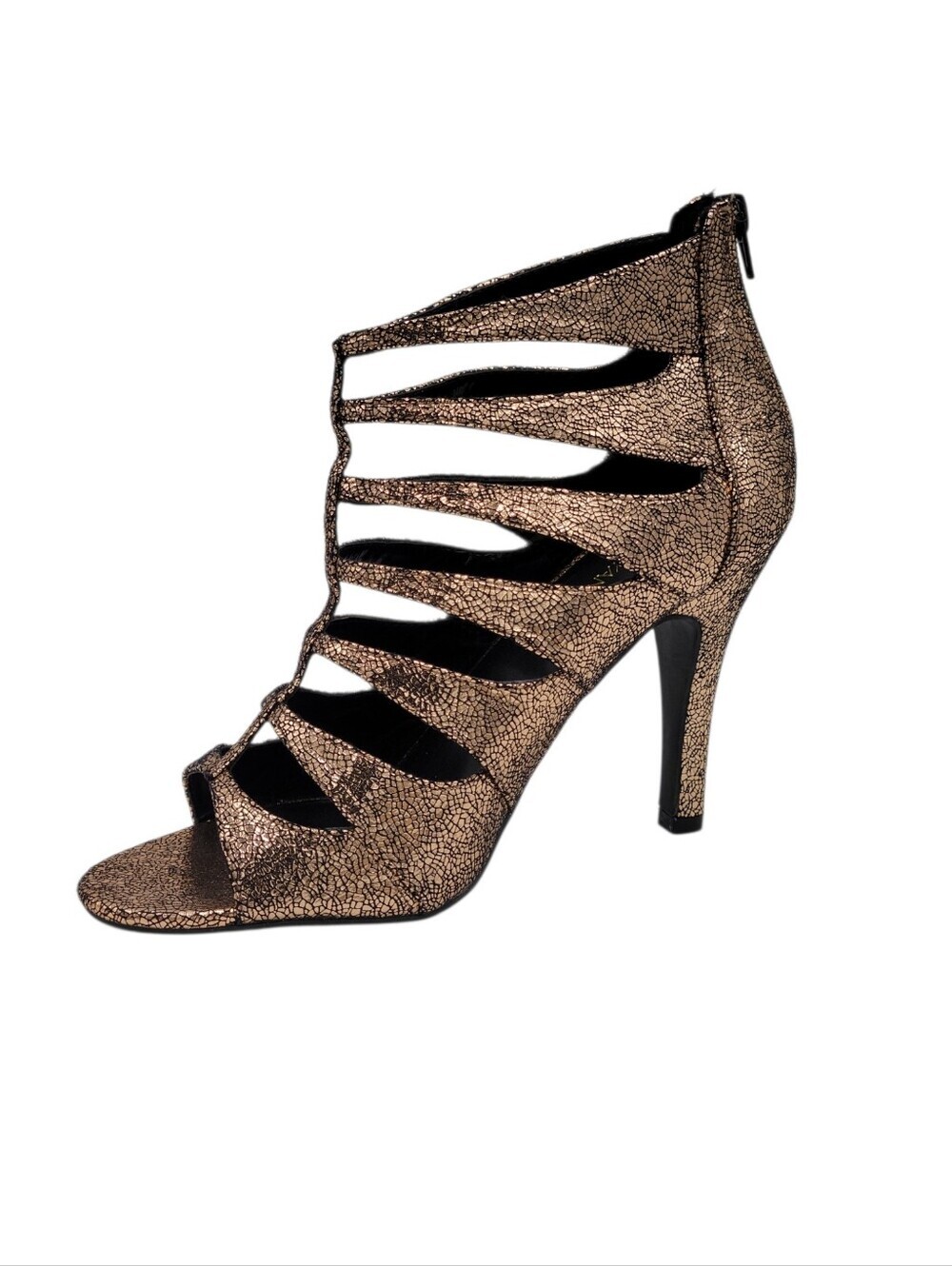Lane Bryant Cage Sandals Size 10W Metallic Bronze Crackled Strappy Stiletto Zip